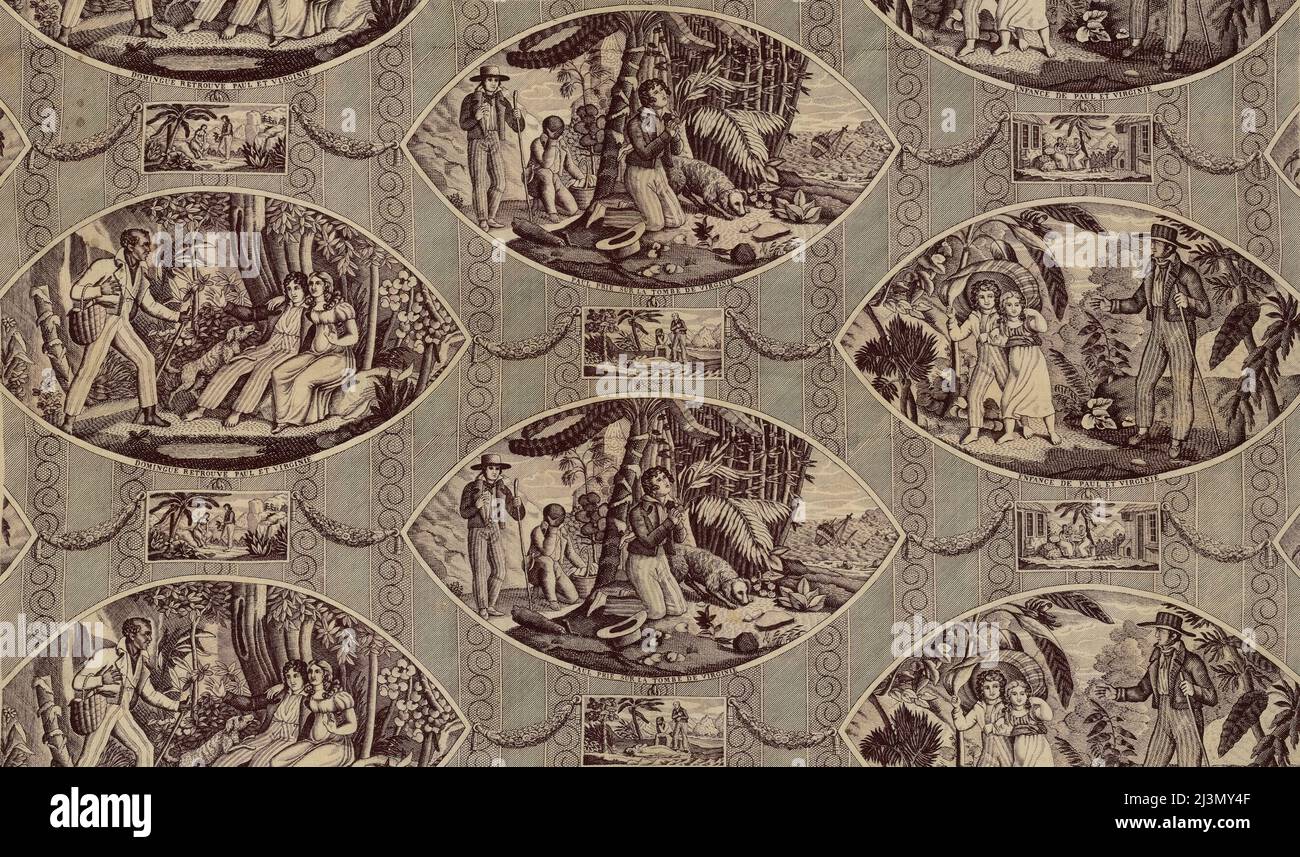 'Paul and Virginie', Furnishing Fabric, France, after 1818. Engraved by Tony Johannot and others after works by Jean Michel Moreau and Jean Frederic Schall, based on the story by Bernardin de Saint-Pierre, manufactured by Oberkampf Manufactory. Detail from a larger artwork. Stock Photo