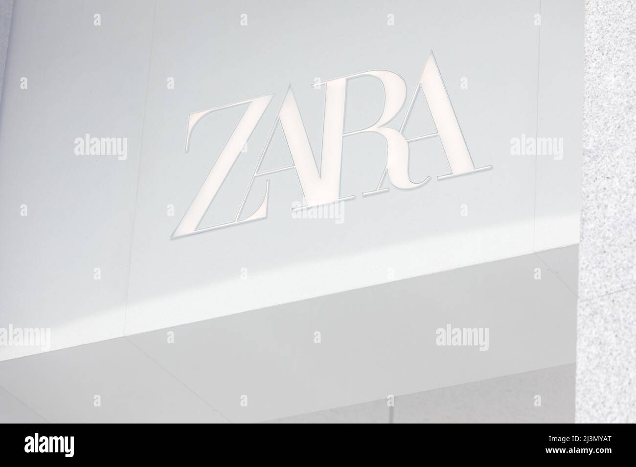 Madrid, Spain April 09, 2022 Logo of the Zara clothing and