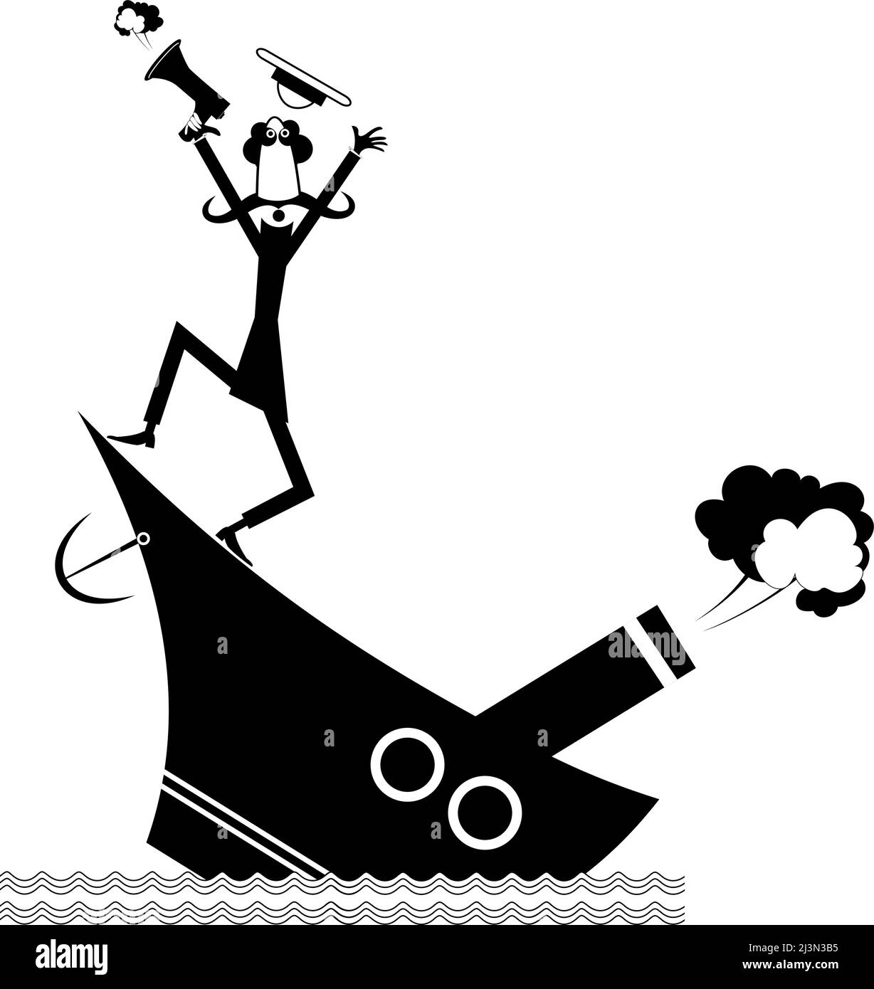 Cartoon captain of the ship on a sinking ship is in panic. Upset captain of the ship with megaphone on a sinking ship black on white background Stock Vector