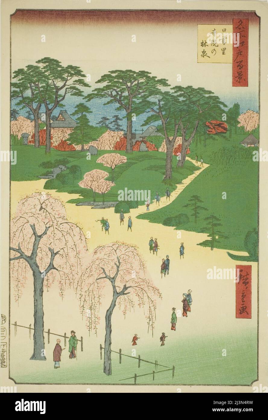 Temple Gardens in Nippori (Nippori jiin no rinsen), from the series &quot;One Hundred Famous Views of Edo (Meisho Edo hyakkei)&quot;, 1857. Stock Photo