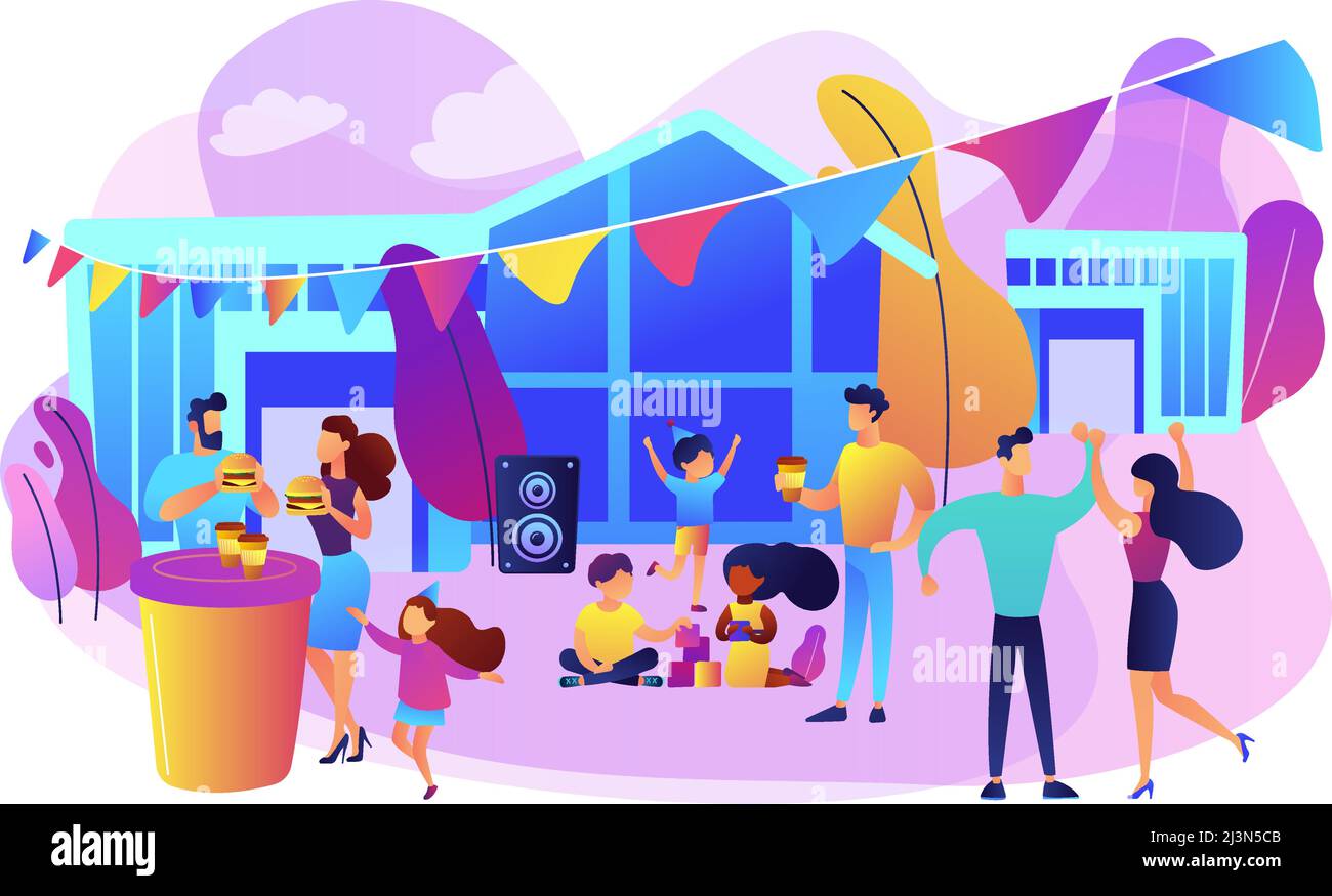Tiny people with kids eating fast food and dancing, enjoying outdoor festival. Street party, pizza city fest, rib food festival concept. Bright vibran Stock Vector