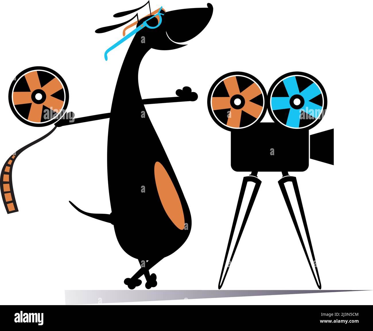 Cartoon dog, movie projector, tape illustration. Funny dog stands near the movie projector and holds a tape isolated on white background Stock Vector