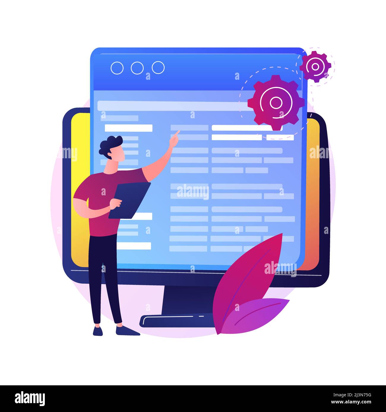 Coding and website development. Technical support. Programming engineering. Coder, web developer, computer software. Programmer male flat character. V Stock Vector