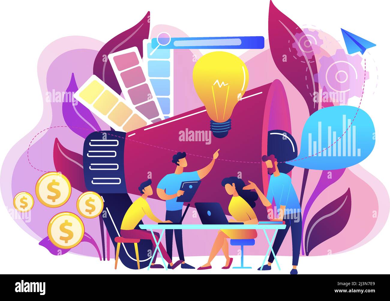 Digital marketing team with laptops and light bulb. Marketing team