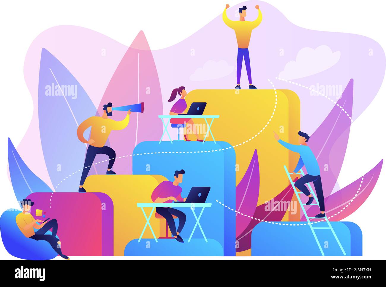 Business people work and climb the corporate ladder. Employment hierarchy, career planning, career ladder and growth concept on white background. Brig Stock Vector