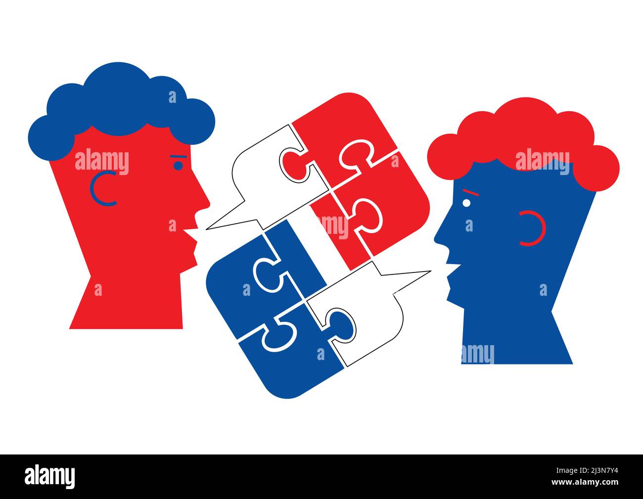 French language lesson dialog, male heads symbol. Two students and Puzzle bubble talk with a French flag symbolizing French conversation. Stock Vector