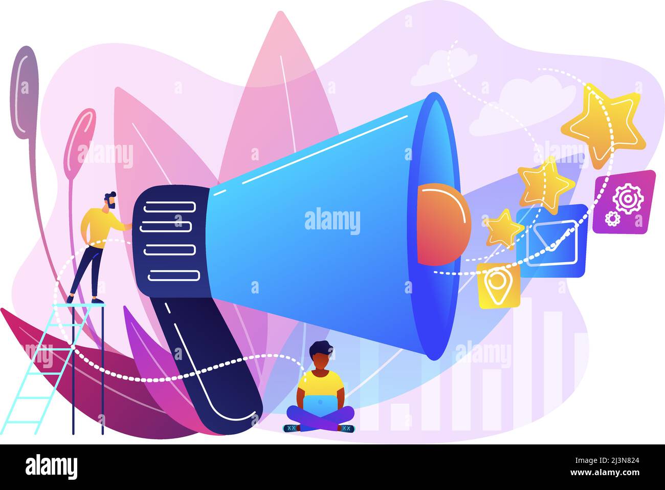 Businessman with megaphone promote media icons. Sales promotion and marketing, pomotion strategy, promotional products concept on white background. Br Stock Vector