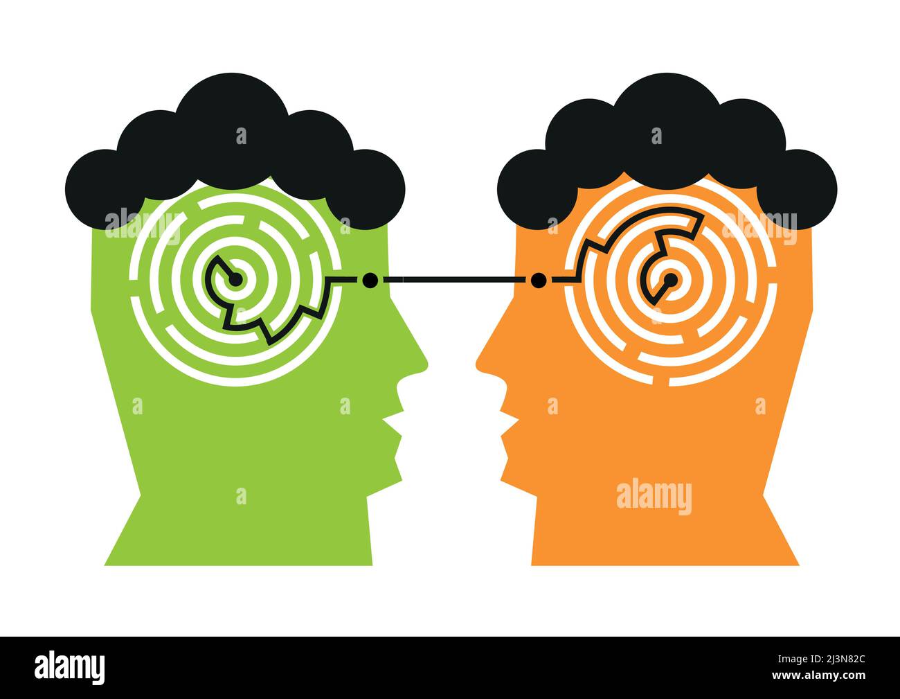 Two men, dialogue,labyrinth in the heads. Illustration of two Stylized Male head silhouettes with maze. Concept of psychology of Dialog. Stock Vector
