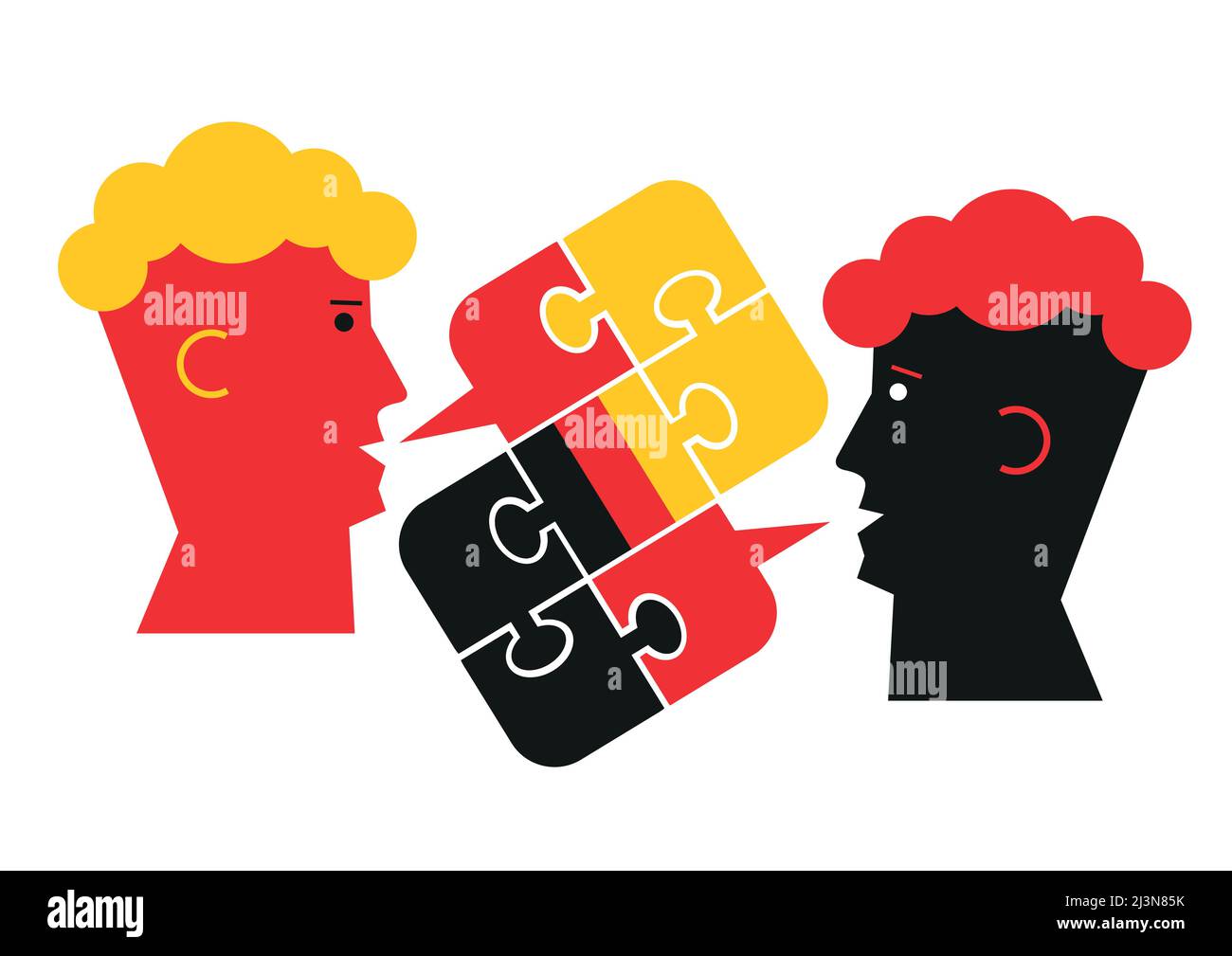 German language lesson dialog, male heads symbol. Two students and Puzzle bubble talk with a German flag symbolizing German conversation. Stock Vector