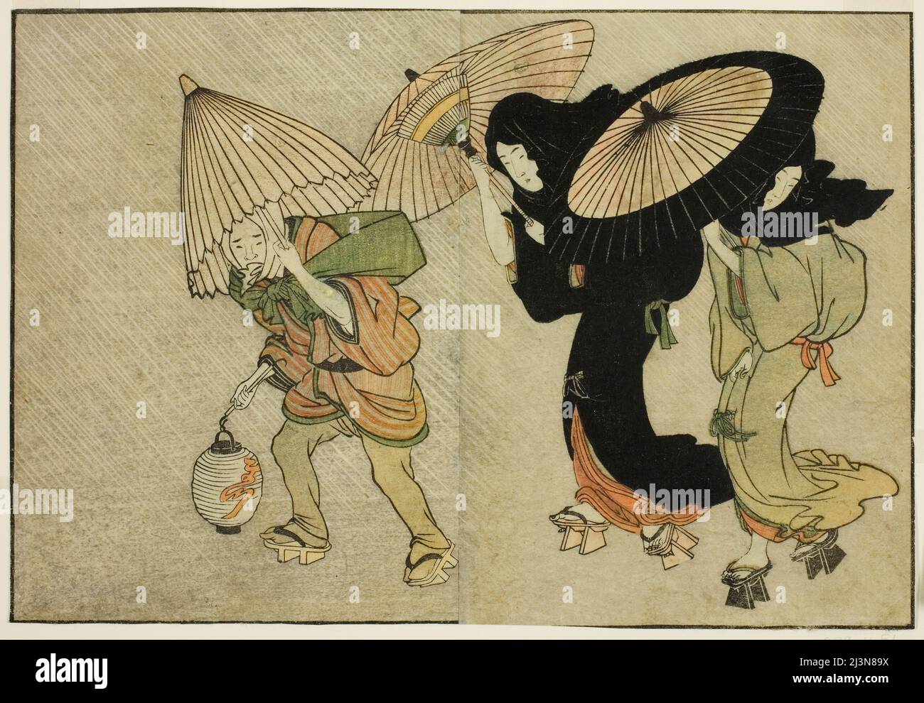 Two Women and Attendant Caught in a Storm, from the illustrated book &quot;Picture Book: Flowers of the Four Seasons (Ehon shiki no hana),&quot; vol. 2, Japan, New Year, 1801. Stock Photo