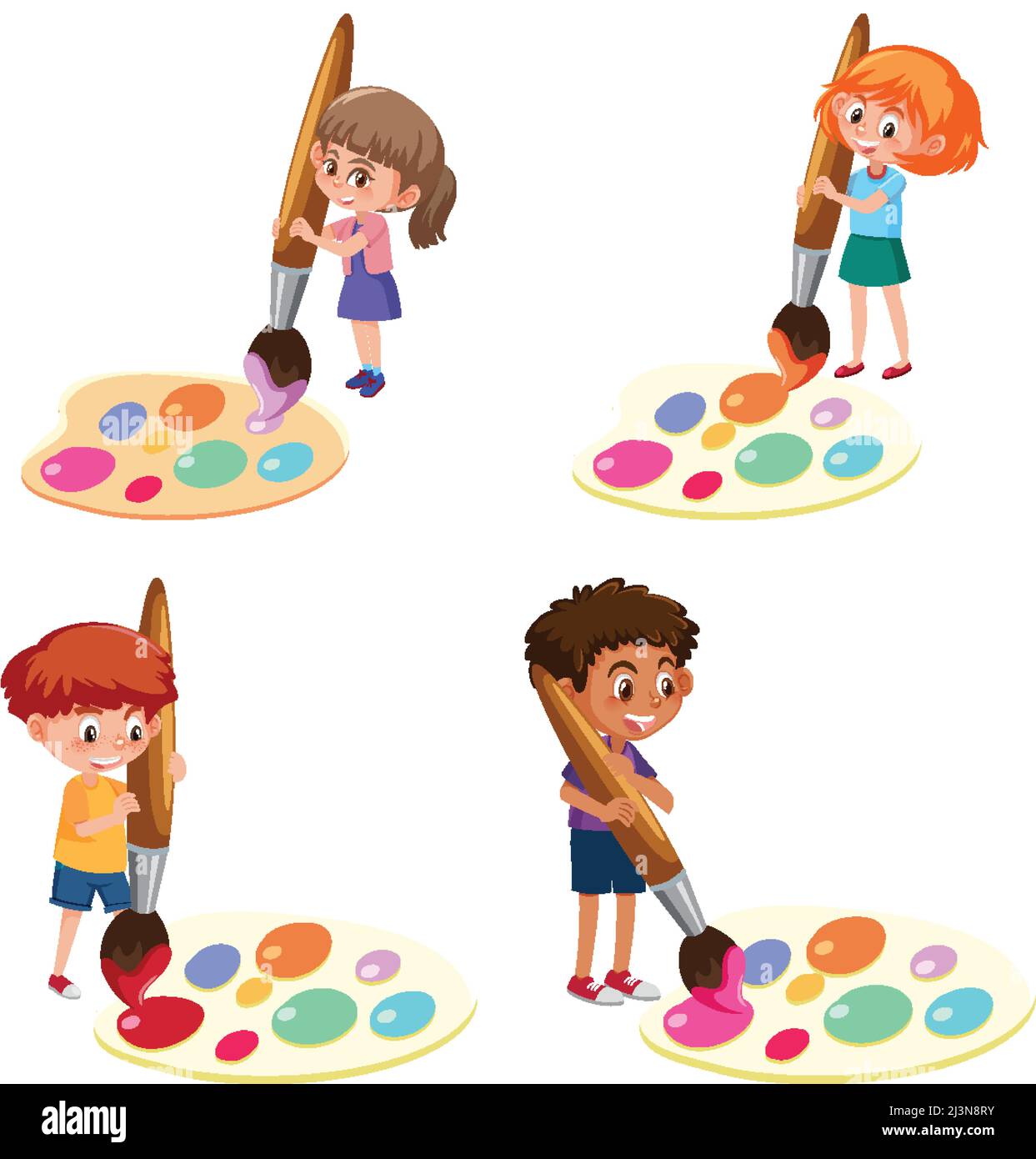 A set of boy and girl with palette of watercolor illustration Stock ...