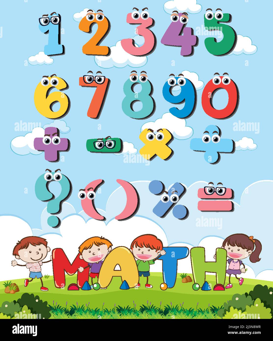 Counting number 0 to 9 and math symbols for kids illustration Stock ...