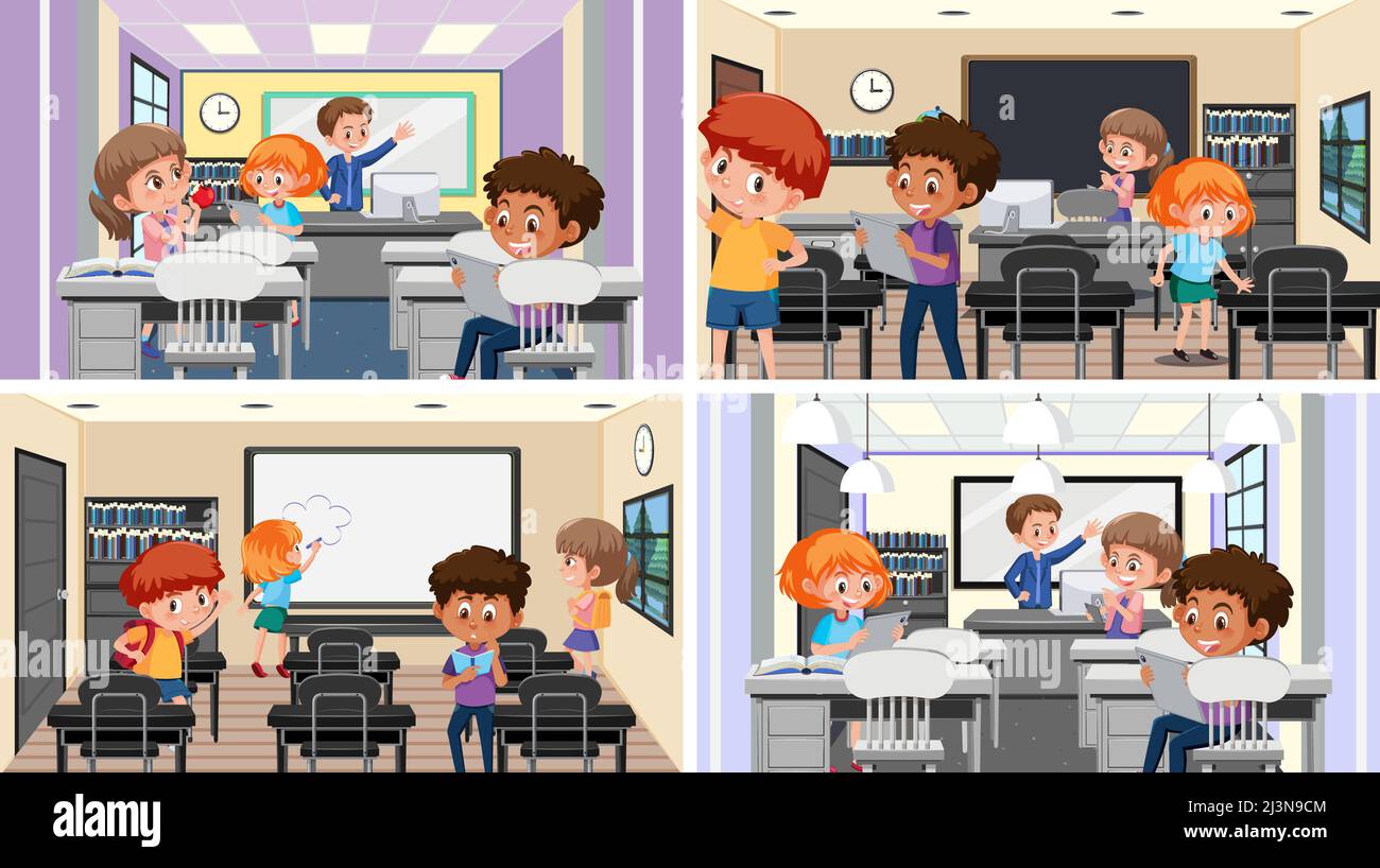 Set of student in the classroom scene illustration Stock Vector Image ...