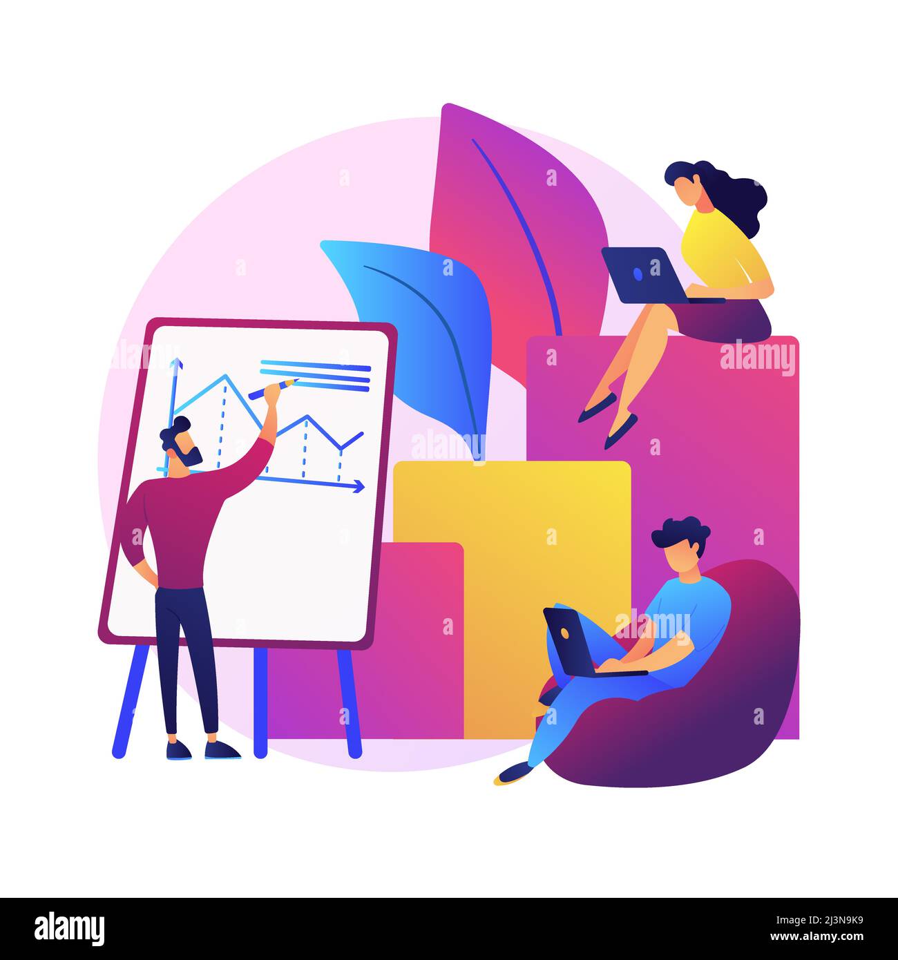 Business financial report. Entrepreneurs cartoon characters writing business plan, analyzing data and statistics. Graphic, information, research. Vect Stock Vector