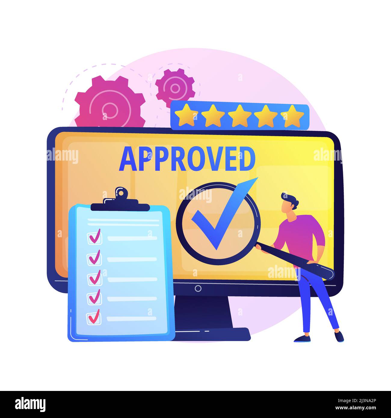 Expert approved. Cartoon character holding checkmark symbol on hand. Finished task, done sign. Satisfactory, official sanction, acceptance. Vector iso Stock Vector