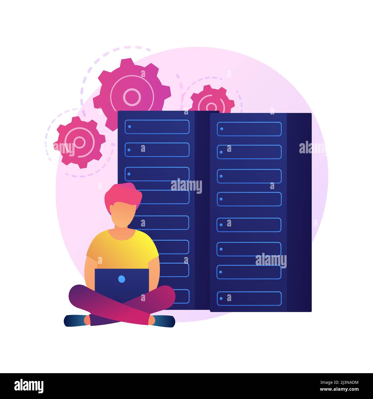 Database, digital information storage and organization. Technical support worker cartoon character. SEO optimization, computer hardware. Vector isolat Stock Vector