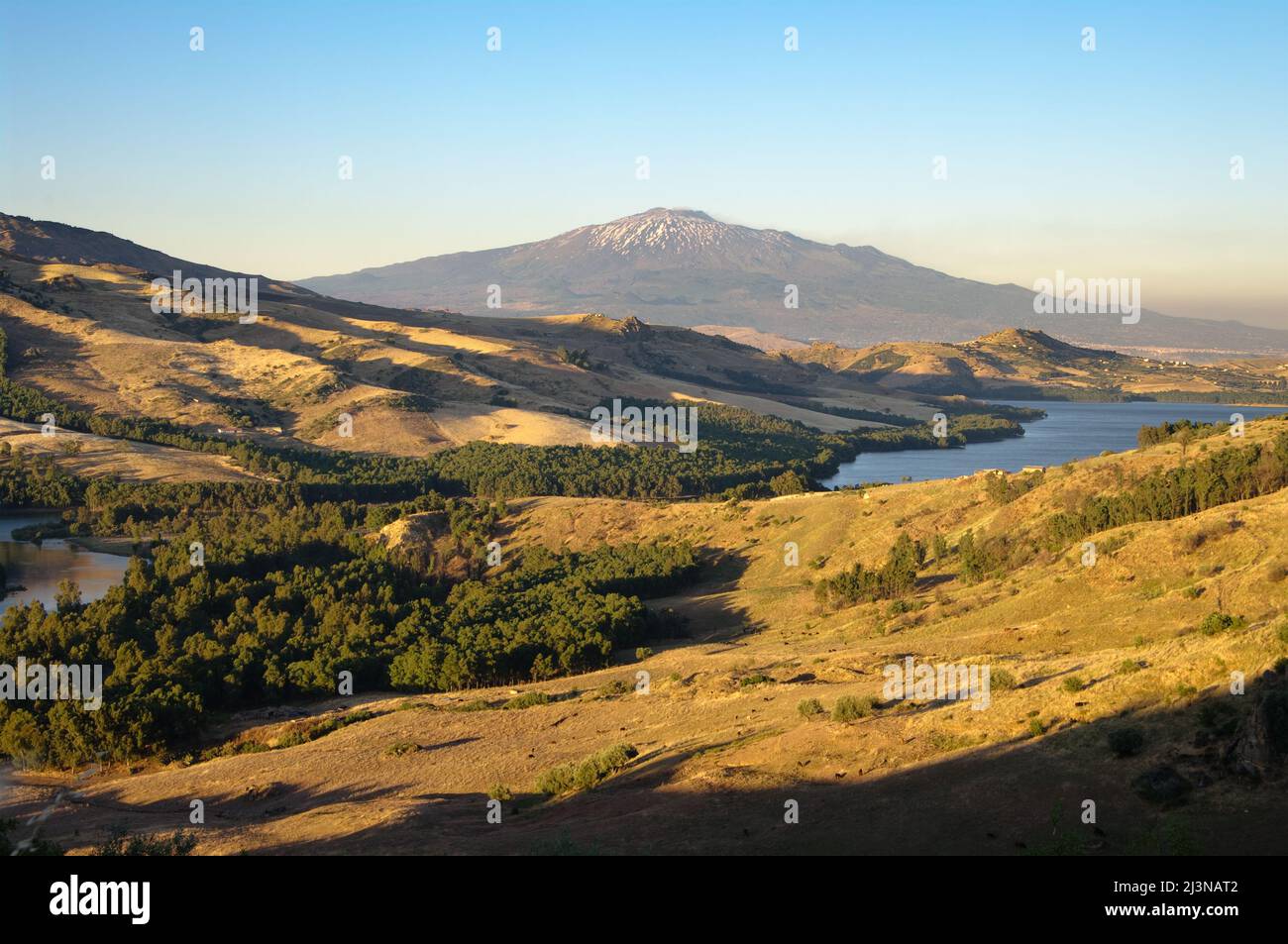 view from Agira on hinterland and Pozzillo Lake, on background volcano Etna Stock Photo