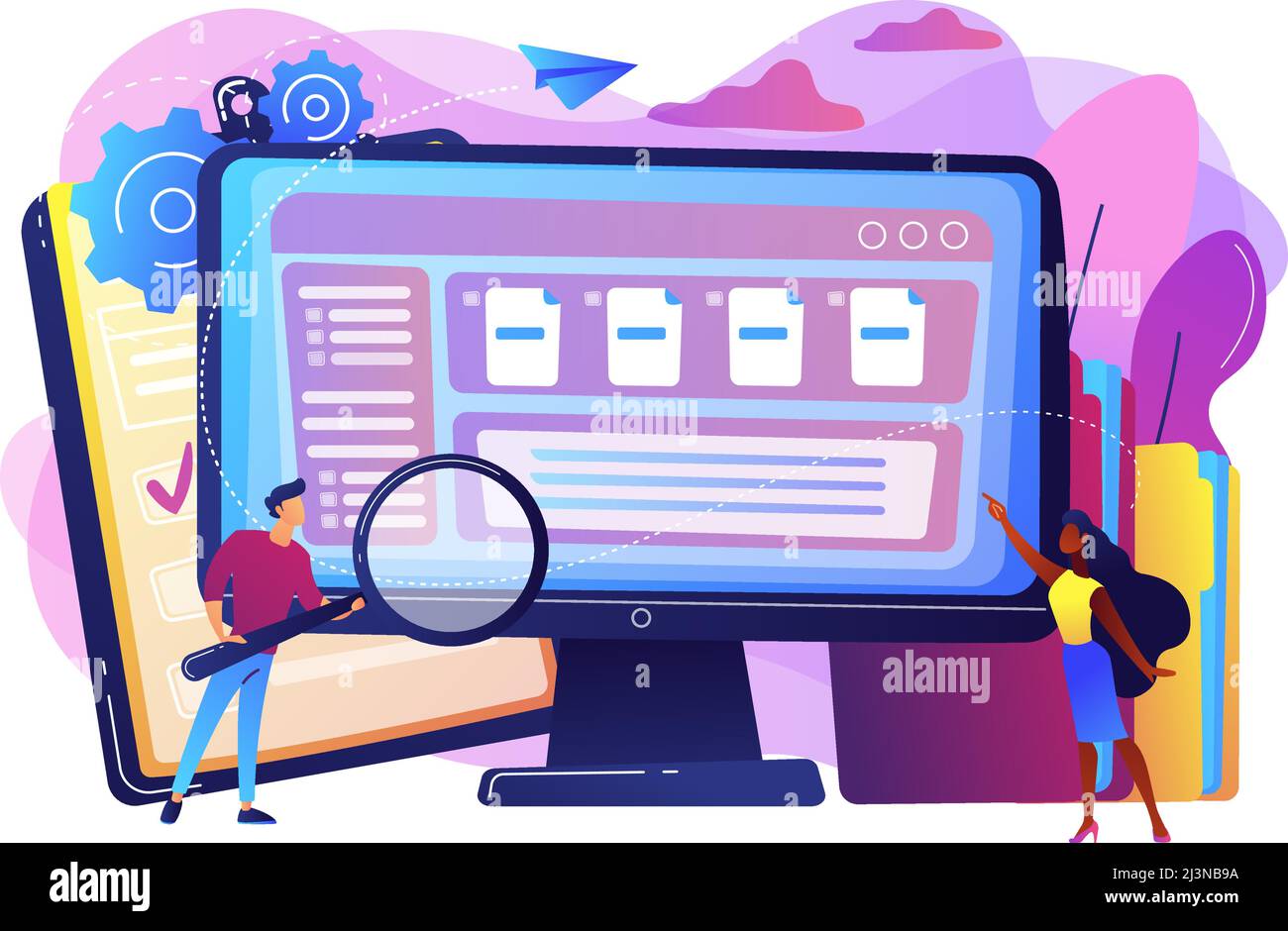 Tiny business people with magnifier work with document management on computer. Document management soft, document flow app, compound docs concept. Bri Stock Vector