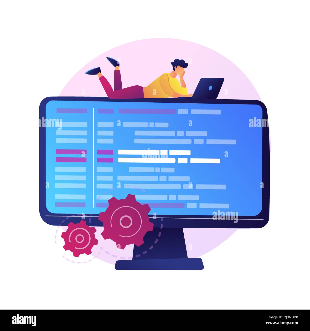 Online database, cloud disk. Data storage, information base, computer application. PC user, operator cartoon character. Information on monitor screen. Stock Vector