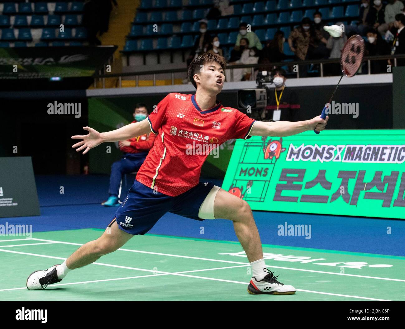 Suncheon, South Korea. 9th Apr, 2022. Weng Hongyang of China hits a return  during the men's singles semifinal against Victor Svendsen of Denmark at  the BWF Korea Open Badminton Championships 2022 in