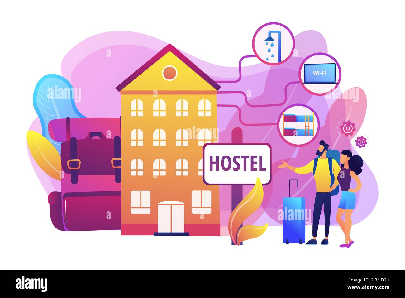 Cheap inn, affordable guesthouse. College dormitory, motel check in. Hostel services, lower priced accommodation, best hostel facilities concept. Brig Stock Vector