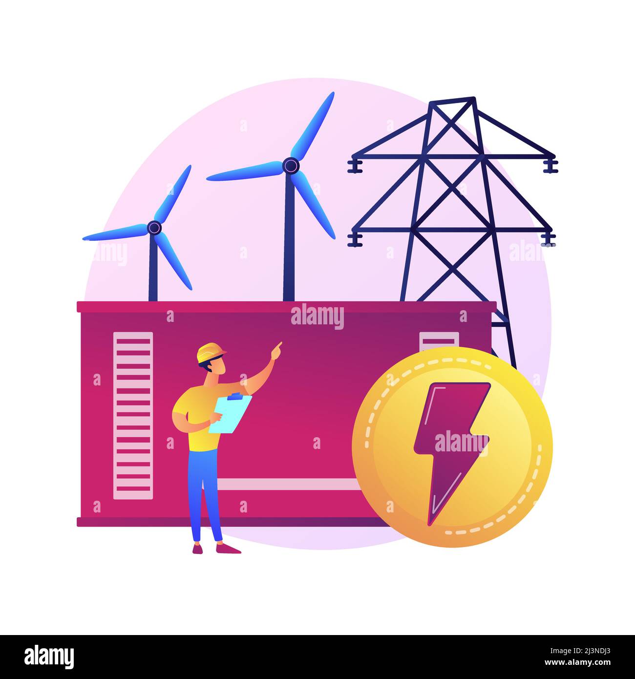 Power station, electrical energy generation, electricity production. Power engineer cartoon character. Energy industry, electric plant. Vector isolate Stock Vector