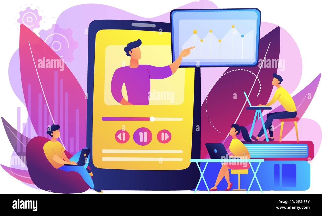 Students watching online training video with teacher and chart on tablet. Online teaching, share your knowledge, english teacher online concept. Brigh Stock Vector