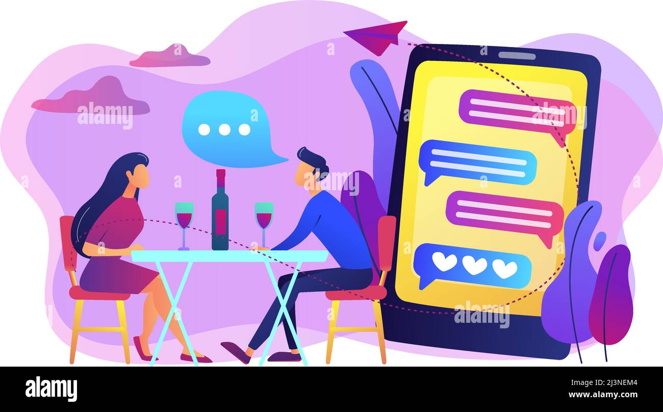 Man and woman using online dating app on smartphone and meeting at table,  tiny people. Blind date, speed dating, online dating service concept.  Website vibrant violet landing web page template. Stock Vector