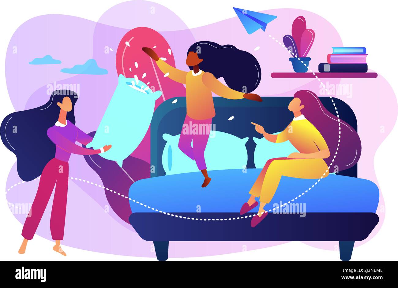 Happy tiny people female teens pillow fight in bedroom at slumber party. Pajama party, friends sleepover, slumber night party concept. Bright vibrant Stock Vector