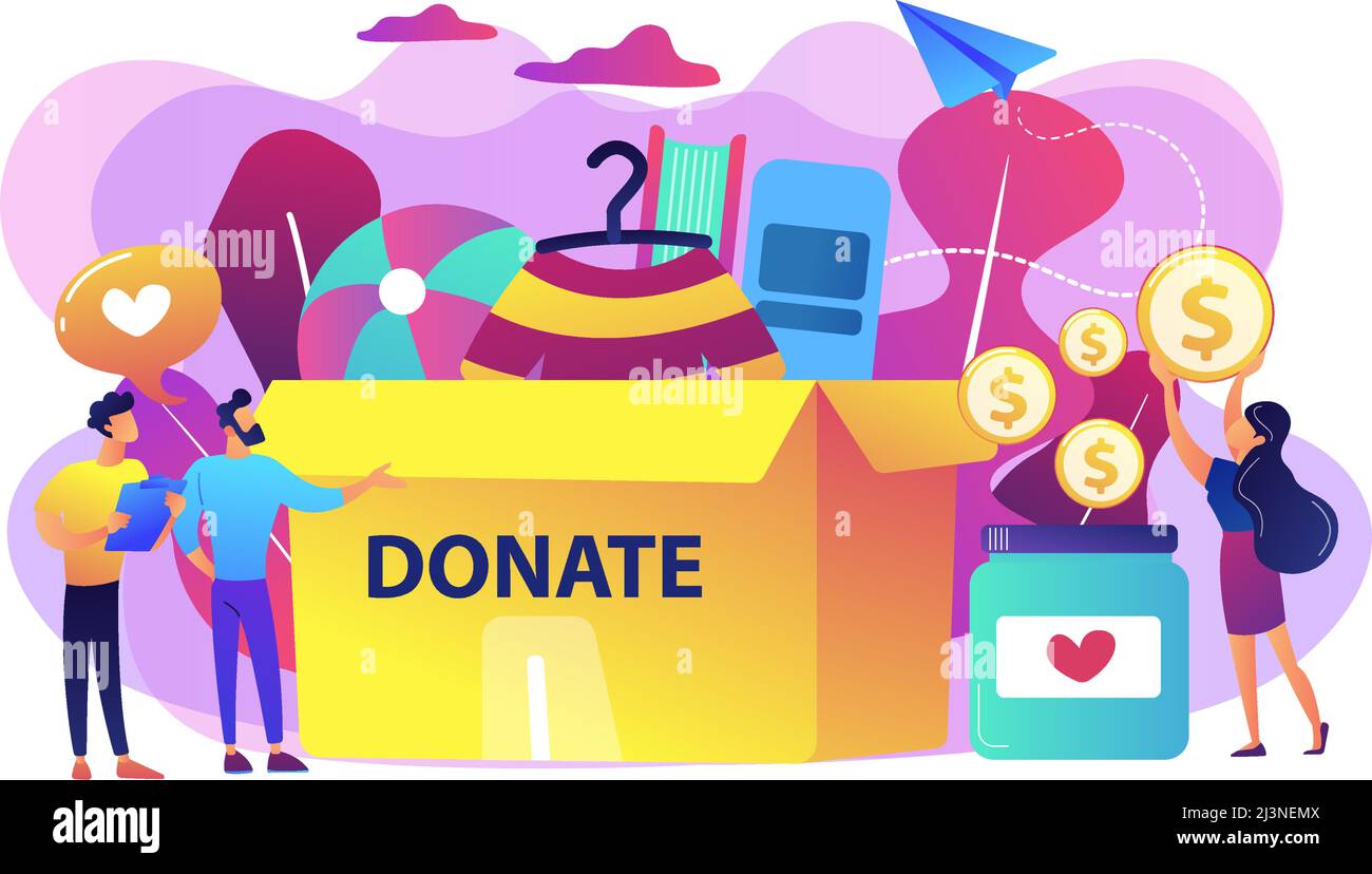 Volunteers collecting goods for charity into huge donation box and donating coins into jar