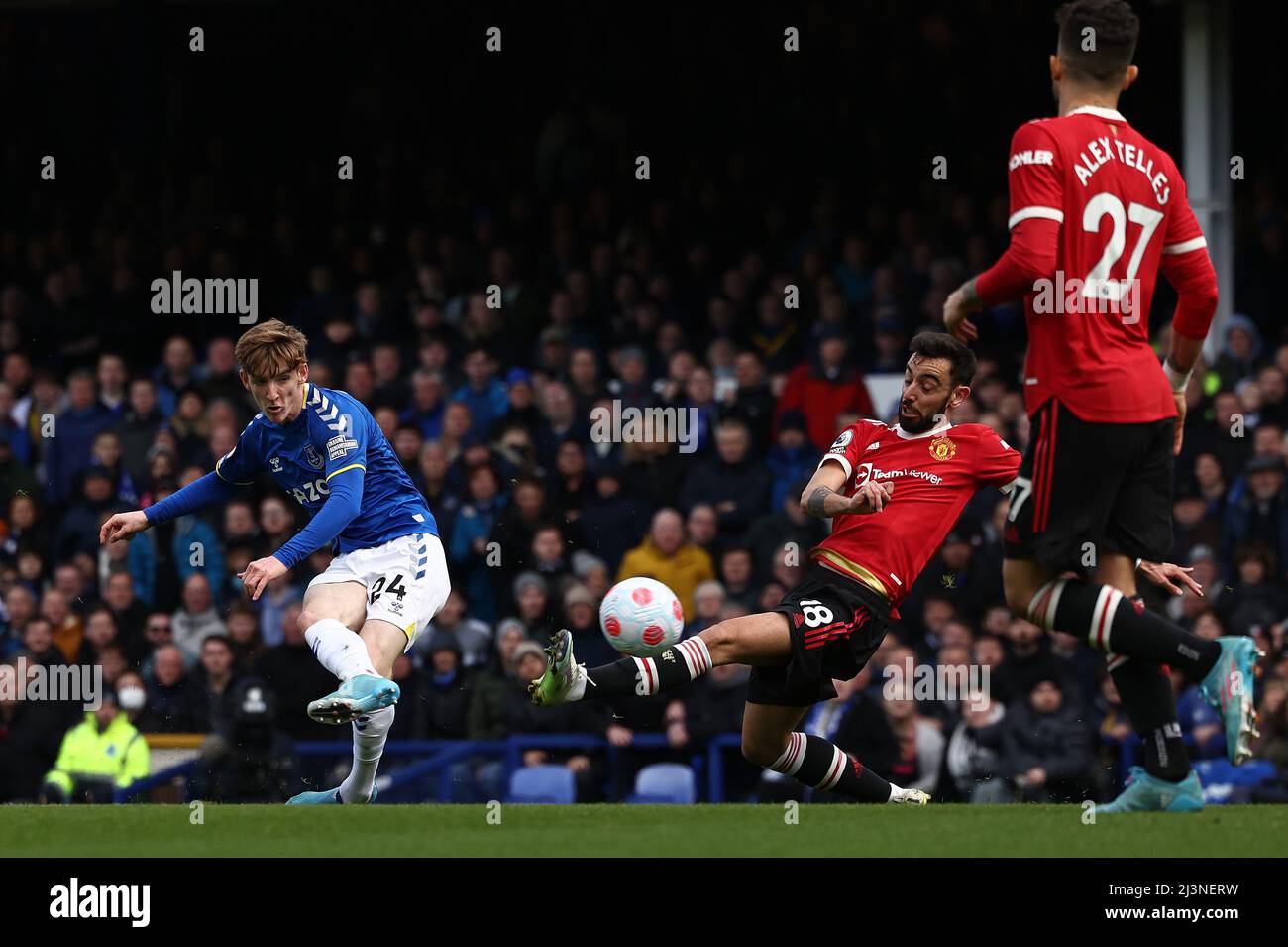 Liverpool, UK. 9th April 2022.  Anthony Gordon of Everton scores their first goal during the Premier League match at Goodison Park, Liverpool. Picture credit should read: Darren Staples / Sportimage Stock Photo