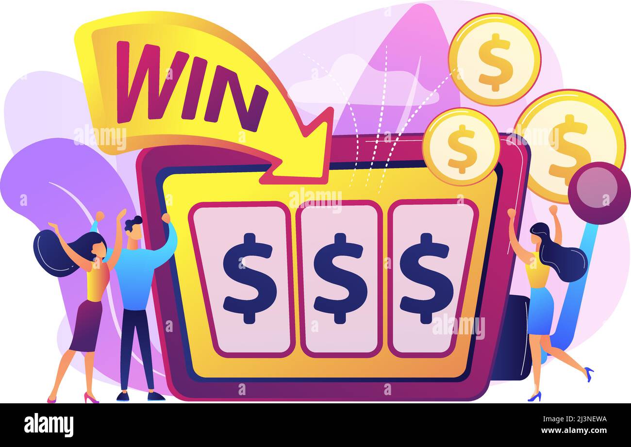 Money Win Machine Lucky tiny people gambling and winning money at slot machine with ...