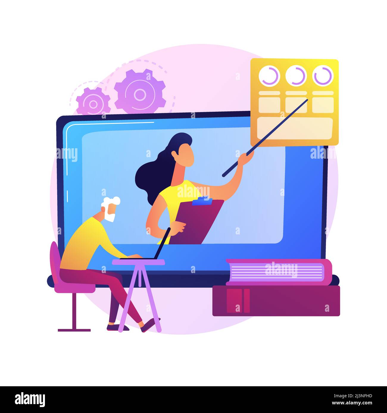 Education for older people. Senior couple of people watching online courses on laptop, getting academic degree. Webinar, internet seminar. Vector isol Stock Vector