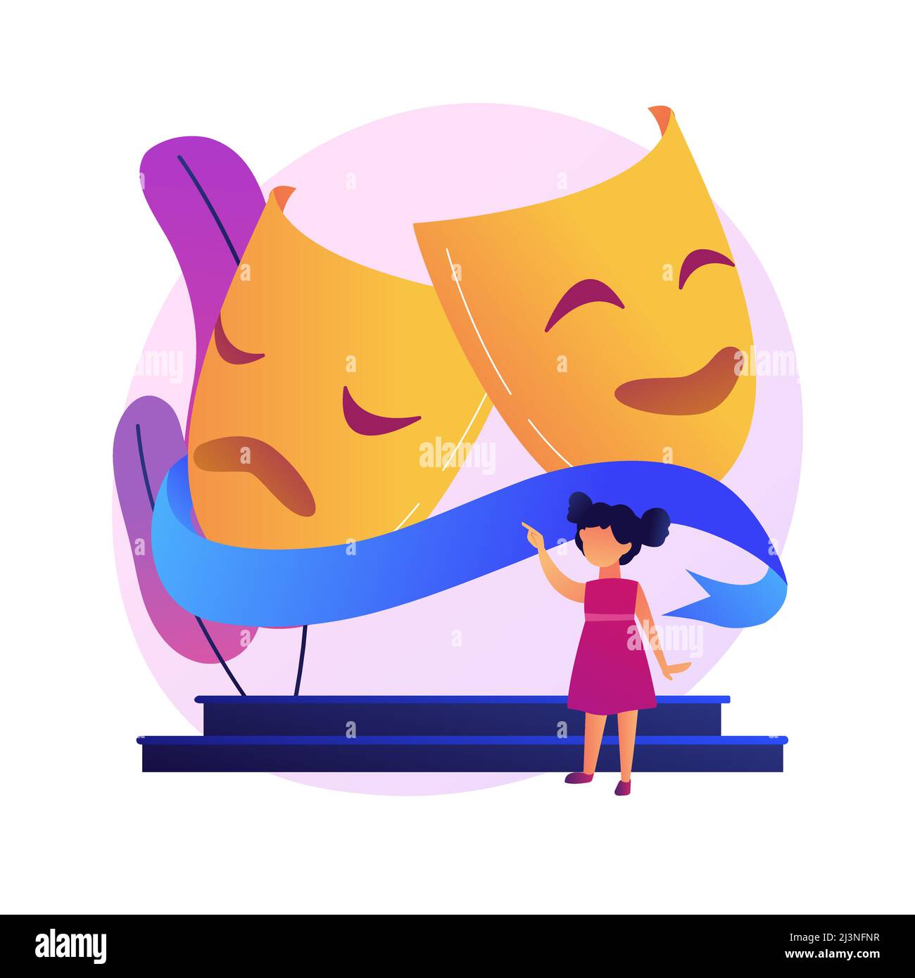 Theatre premiere night. Actor and actress on stage. Classic play, drama piece, tragedy scene. Broadway showtime. Acting masks as decoration. Vector is Stock Vector