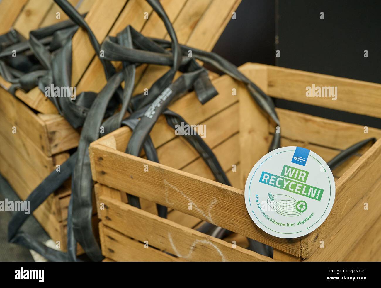 Berlin, Germany. 09th Apr, 2022. Old bicycle inner tubes lie on the