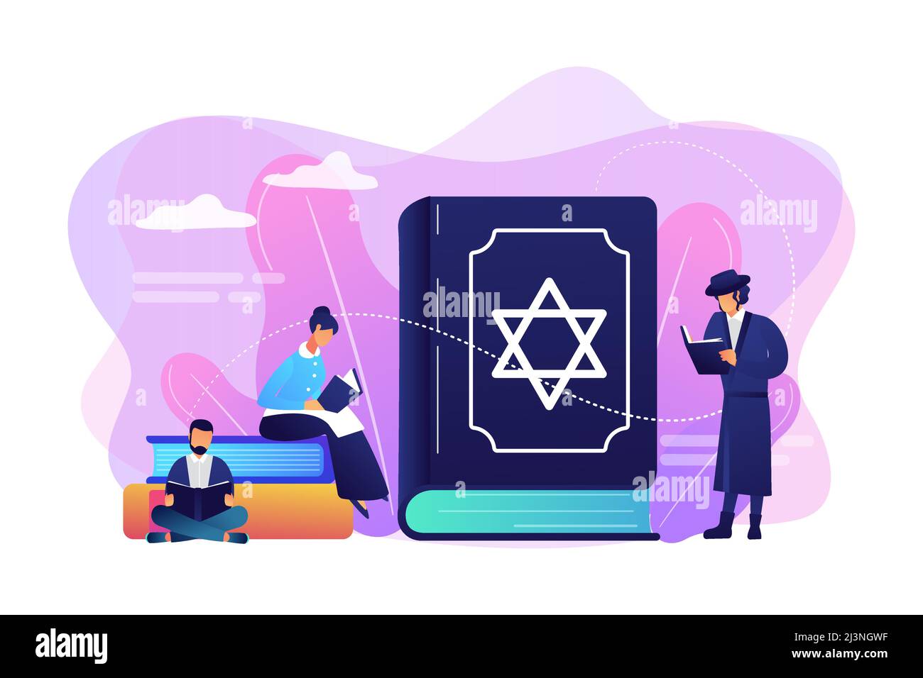 Jews in national costumes reading about religion, Torah, tiny people. Torah Judaism holy book, Jewish Beliefs on Jesus, orthodox Judaism concept. Brig Stock Vector