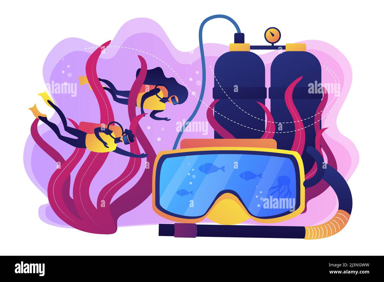 Scuba divers swimming under water and mask with snorkel, tiny people. Diving school, best commercial diving, all levels diver program concept. Bright Stock Vector