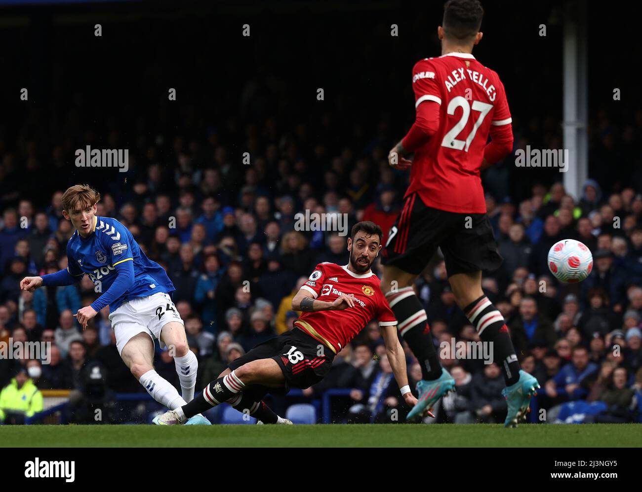 Liverpool, UK. 9th April 2022.  Anthony Gordon of Everton scores their first goal during the Premier League match at Goodison Park, Liverpool. Picture credit should read: Darren Staples / Sportimage Stock Photo