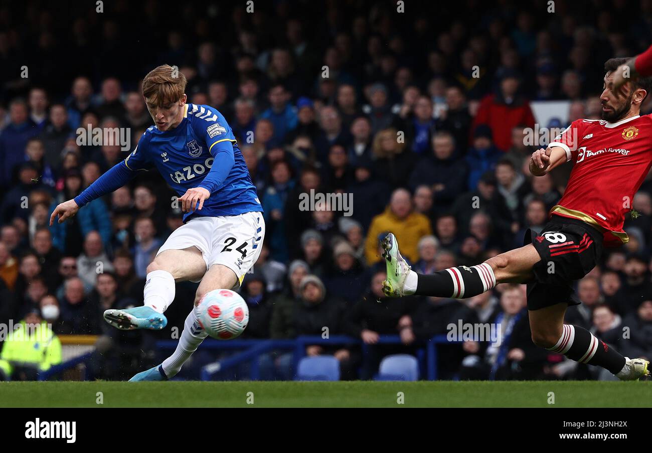 Liverpool, UK. 9th April 2022.  Anthony Gordon of Everton scores their first goal during the Premier League match at Goodison Park, Liverpool. Picture credit should read: Darren Staples / Sportimage Stock Photo