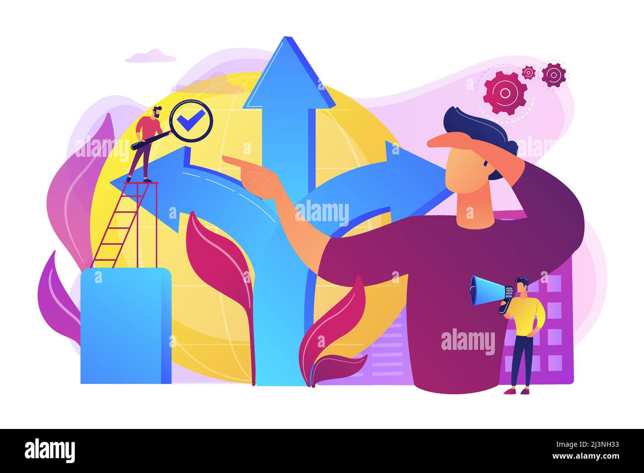 Career opportunity. Life coaching, self development. Path, direction choosing. Decision making, problem solving activity, best decision here concept. Stock Vector