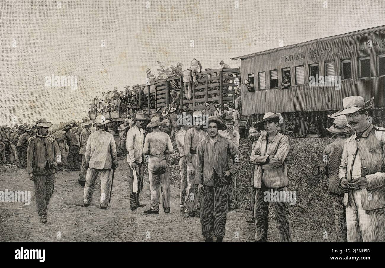 Cuban War of Independence (1895-1898). Island of Cuba. Military train driving troops. Engraving. La Ilustración Española y Americana, 1898. Stock Photo