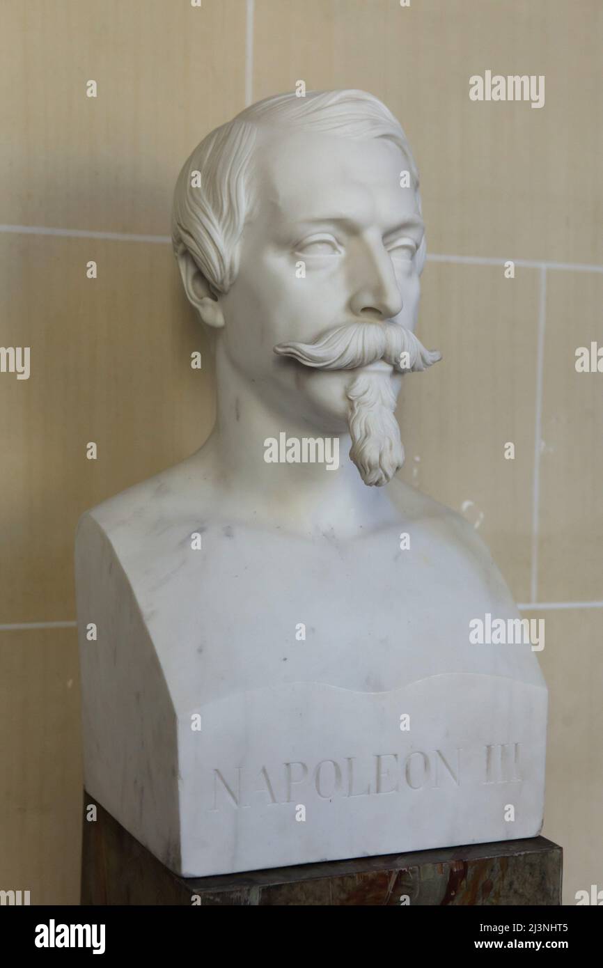 Marble bust of the Emperor Napoleon III of France by French sculptor Henri-Frédéric Iselin (1862) on display at Château de Compiègne in Compiègne, France. Stock Photo