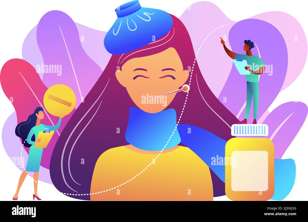 Sick woman with flu and cold symptoms and doctors, tiny people