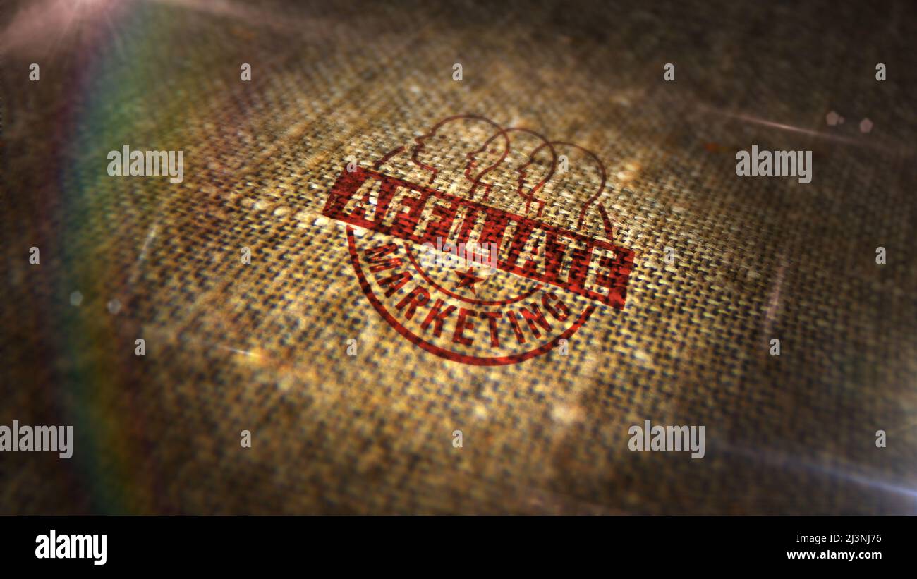 Affiliate marketing and targeted advertisement symbol stamp printed on linen sack. Online business promotion concept. Stock Photo