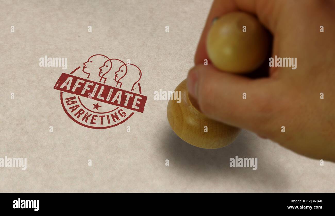 Affiliate marketing and targeted advertisement symbol stamp and stamping hand. Online business promotion concept. Stock Photo