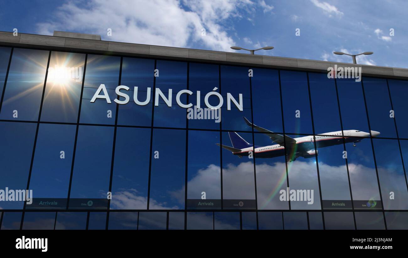 Aircraft landing at Asuncion, Paraguay, Asunción 3D rendering illustration. Arrival in the city with the glass airport terminal and reflection of jet Stock Photo