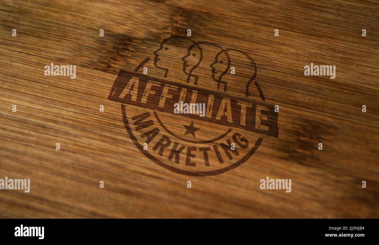 Affiliate marketing and targeted advertisement symbol stamp printed on wooden box. Online business promotion concept. Stock Photo