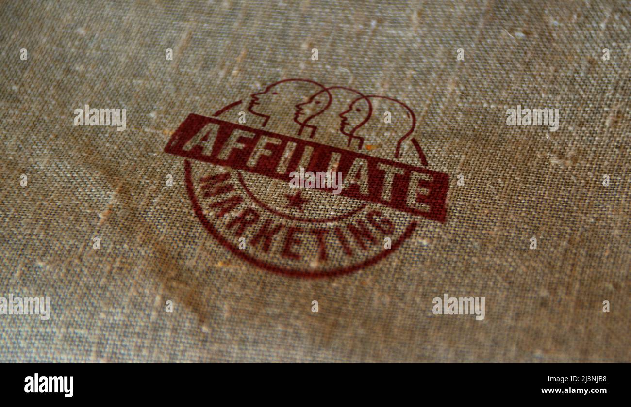 Affiliate marketing and targeted advertisement symbol stamp printed on linen sack. Online business promotion concept. Stock Photo