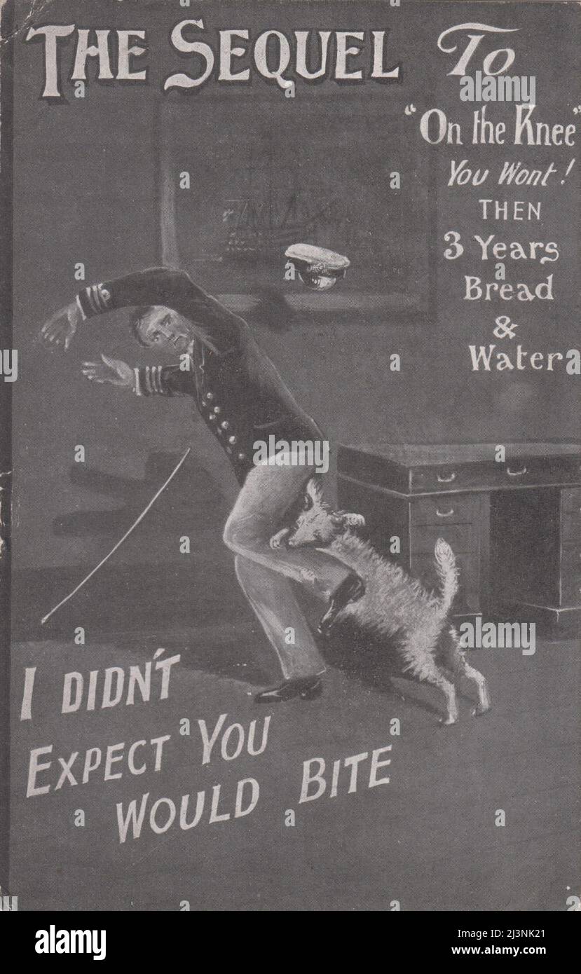 'The sequel to On the Knee. You won't! Then 3 years bread & water. I didn't expect you would bite'. The postcard relates to a Naval mutiny at Portsmouth in 1905. 'On the knee' was an order used by officers to command men to kneel when firing a small arms weapon, it could also be used as a humiliation. In 1905 a group of unruly stokers refused to kneel when ordered on the parade ground & subsequently rioted. It was rumoured that the officer had called them 'dirty dog'. Some were court martialled & one man, Edward Allen Moody was sentenced to 5 years imprisonment, causing public outrage. Stock Photo