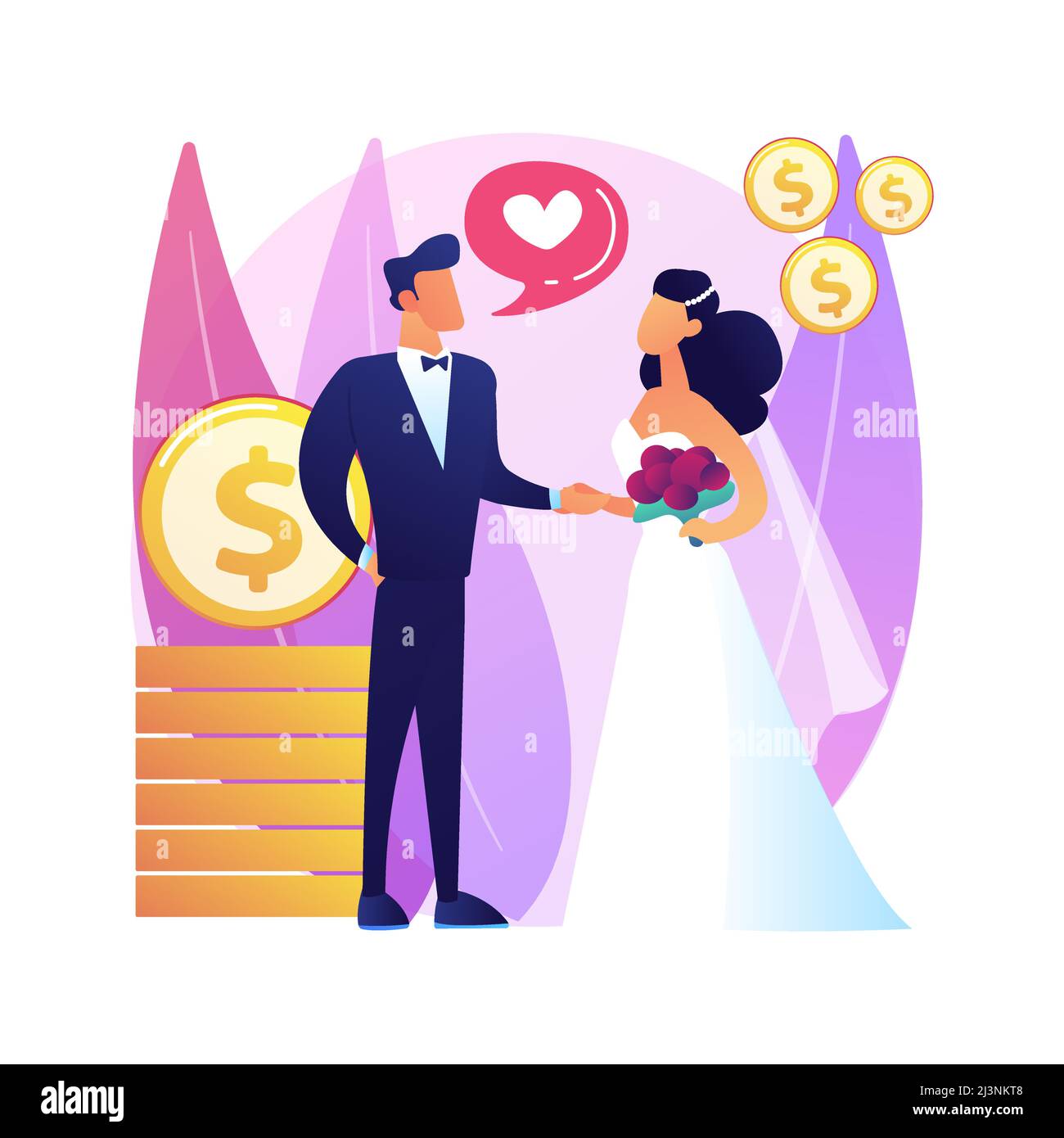 Marriage of convenience abstract concept vector illustration. Political marriage, financial motivation, old rich husband, wedding rings, dollar bankno Stock Vector